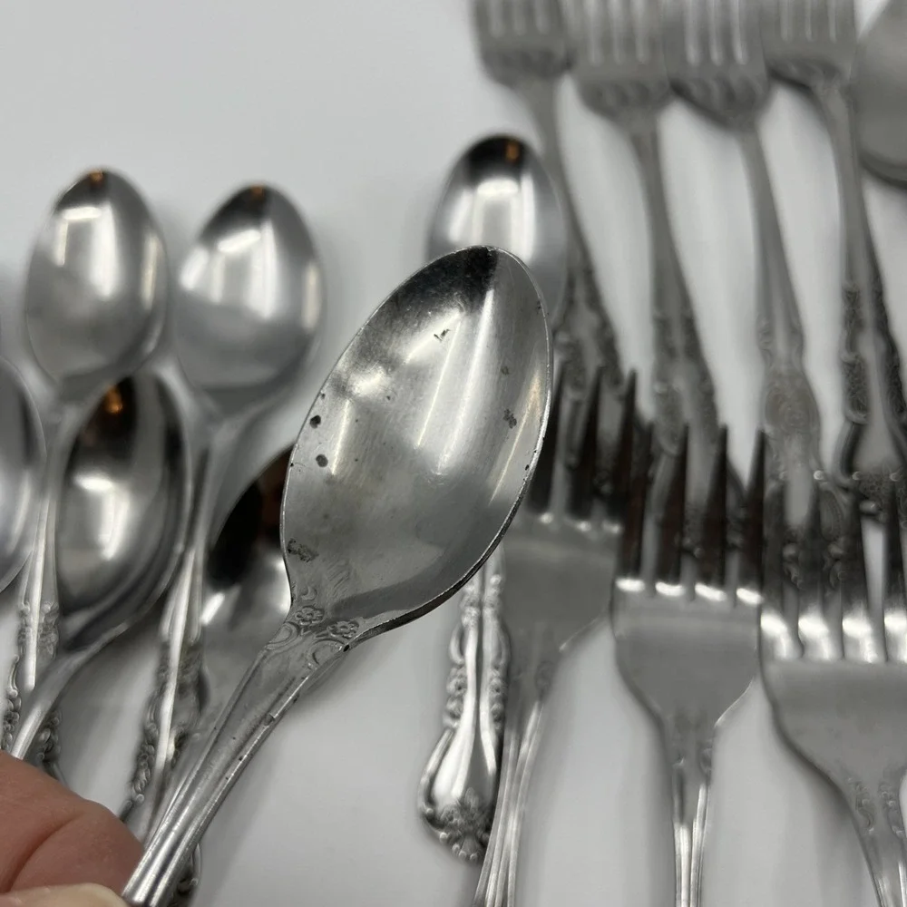 24 Rogers Rose Floral Glossy Stainless Flatware And Serving Spoon Fork Korea Vtg